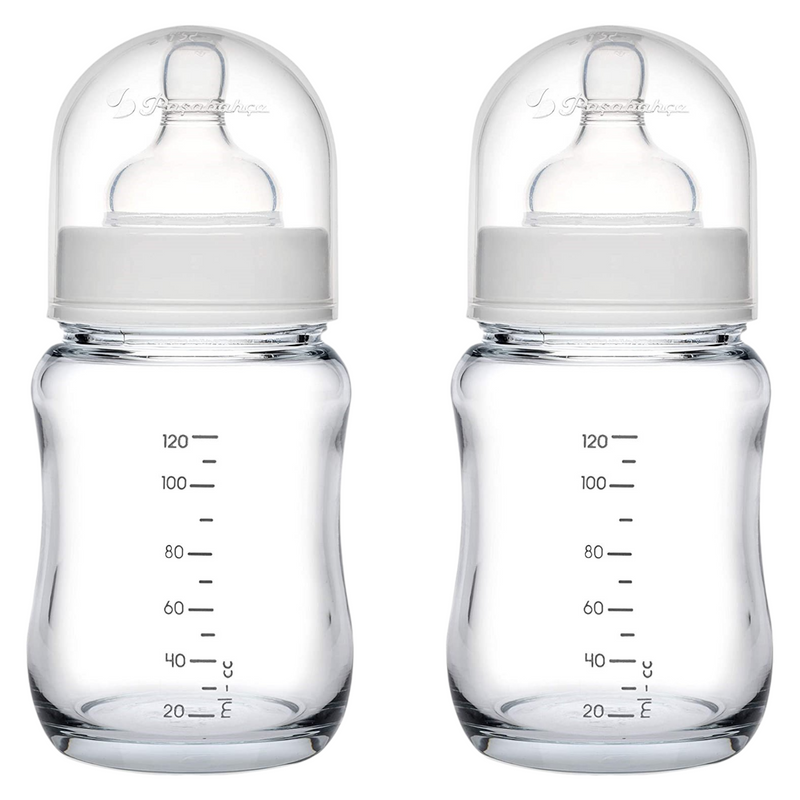 2x Glass Baby Bottle. Medium Flow with Anti-Colic Valve. 6 Months+ (120 ml/4oz)