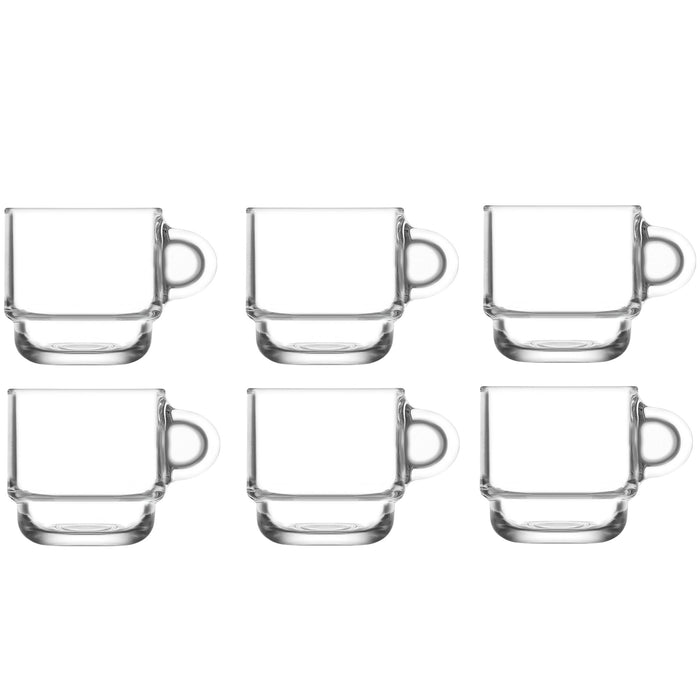 Glasshop Espresso Cups Set. Set of 6 Clear Glass Mugs with Handles. 91ml