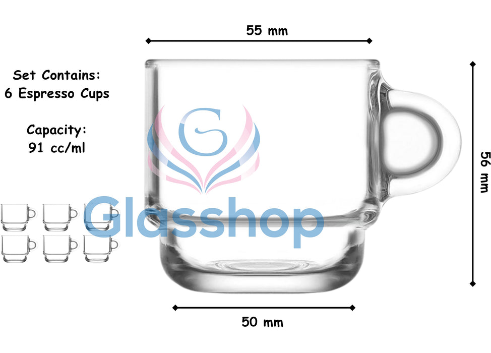 Glasshop Espresso Cups Set. Set of 6 Clear Glass Mugs with Handles. 91ml