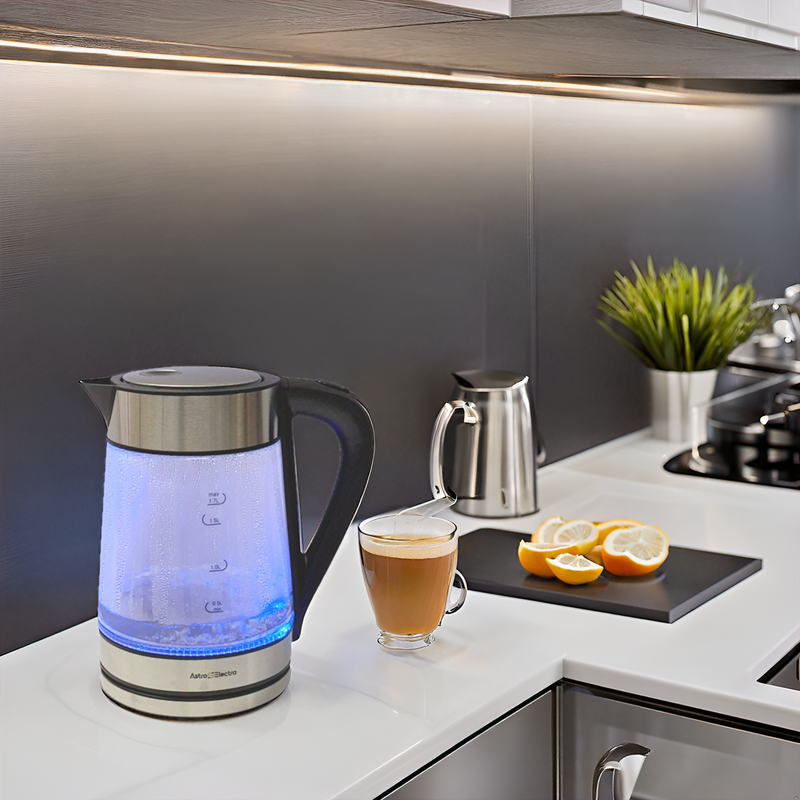 Astro Electra 1.7L Electric Glass Kettle – 2200W Fast Boil, Strix Controller, Cool-Touch Handle, Blue LED, BPA-Free Pour Spout, and 360° Rotating Base
