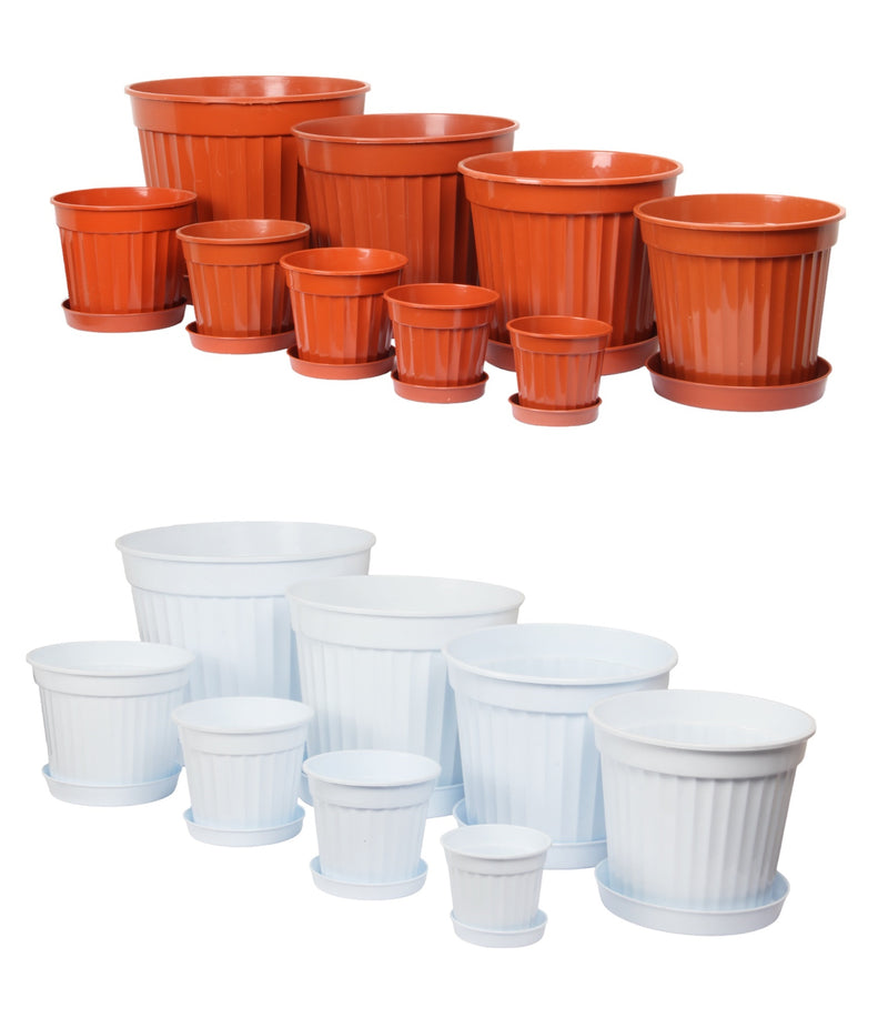 Round Flower Plant Pot and Saucer. Strong Plastic Planters with Drainage Hole.