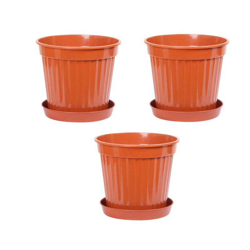 3pcs Round Flower Pot & Saucer. Strong Plastic Planters. (Brown)