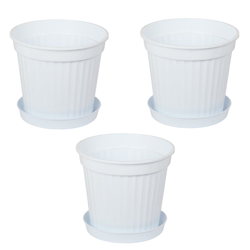 3pcs Round Flower Pot & Saucer. Strong Plastic Planters. (White)