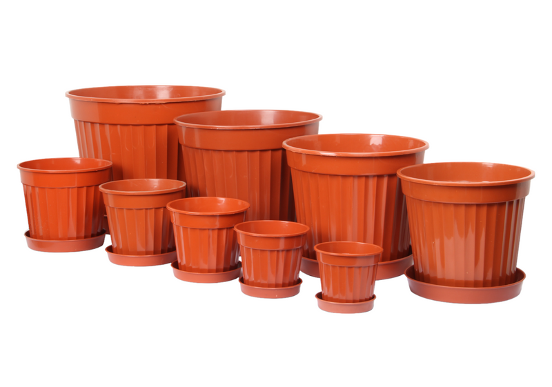 3pcs Round Flower Pot & Saucer. Strong Plastic Planters. (Brown)