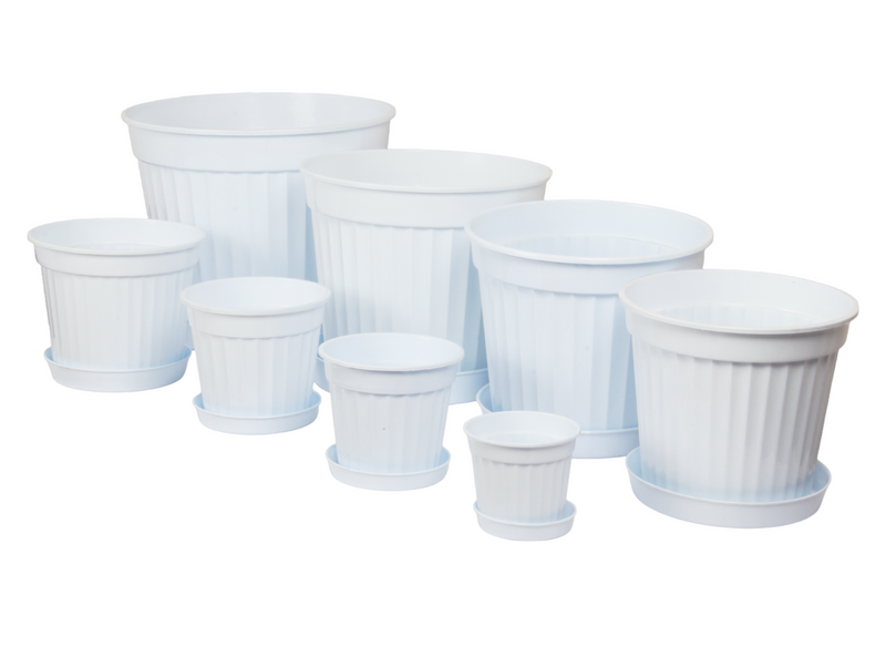 3pcs Round Flower Pot & Saucer. Strong Plastic Planters. (White)