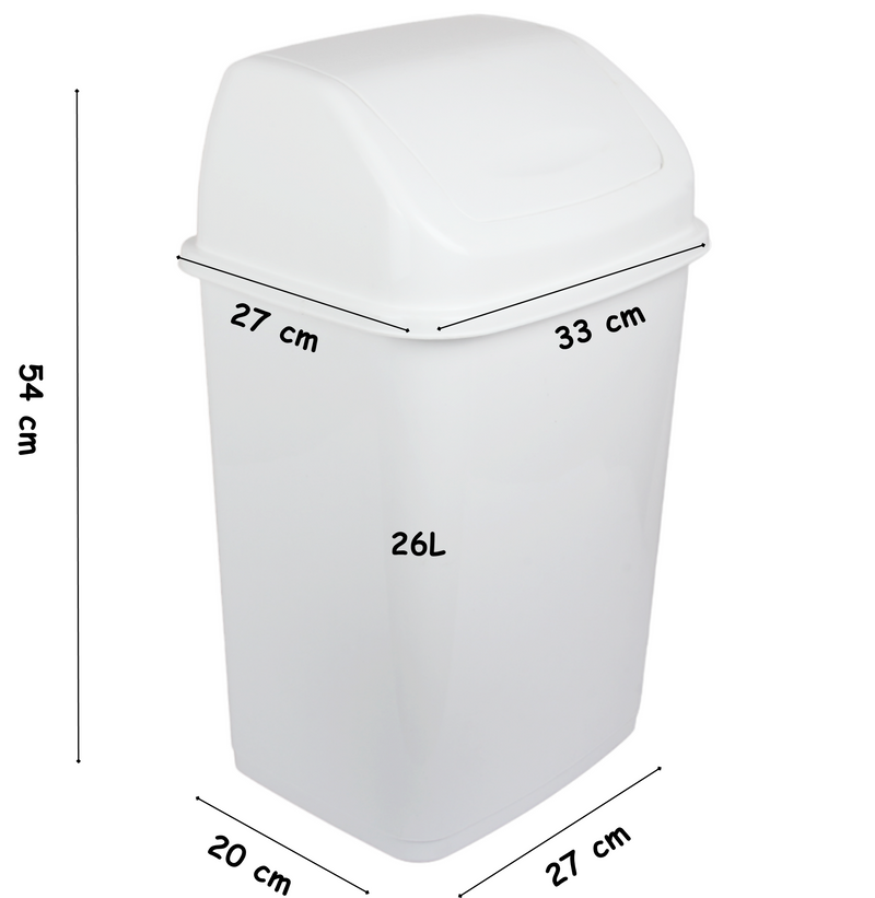 26L Waste Bin. Swing Lid Bin. Strong Plastic Recycling Rubbish Bin. (White)