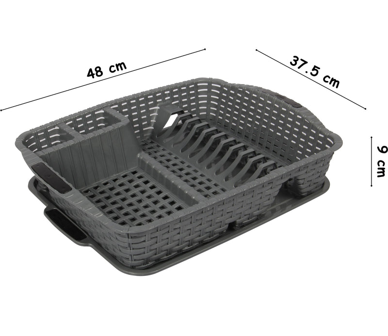 Flat Dish Drainer with Drip Tray. Rattan Style Plastic Plate Cutlery Holder Rack.