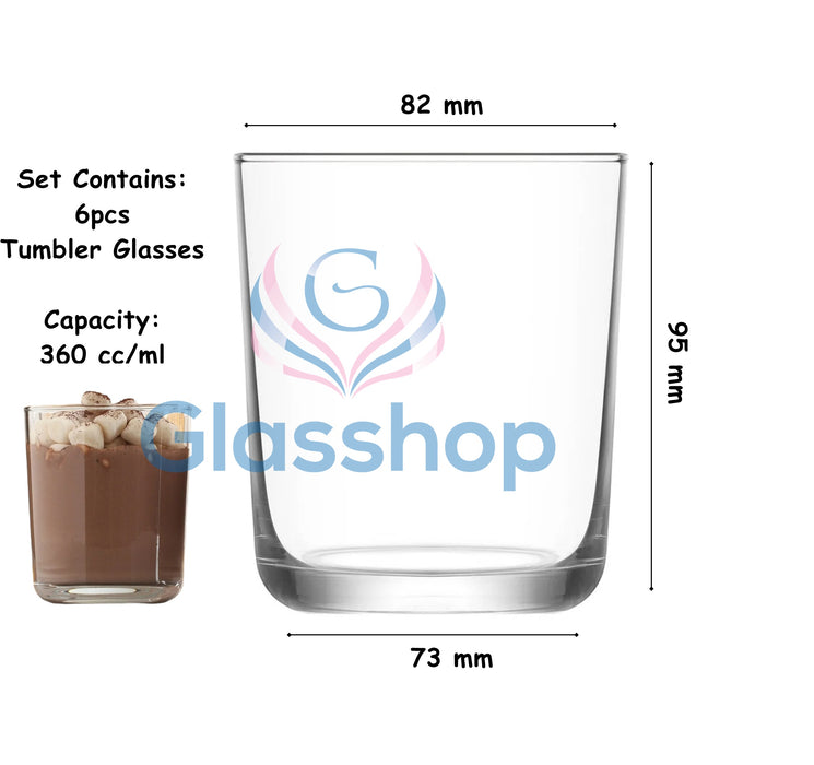 Glasshop 6pcs Tumbler Glasses. 360ml Stemless Glass for Water, Cocktail, Juice.