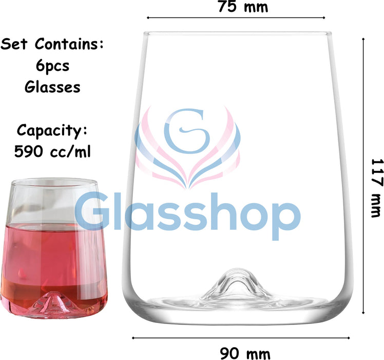 Glasshop 6-Pack Tumbler Glasses. 590ml Stemless Wine Glass Set. Gin&Tonic Glass.