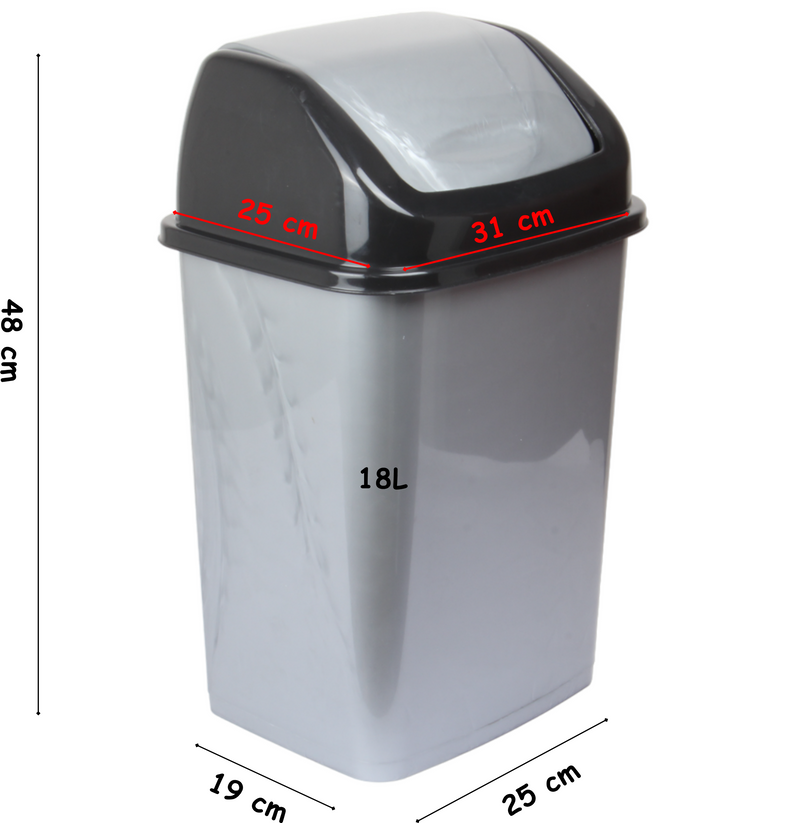 18 Litre Plastic Swing Lid Bin. Rectangular Waste Bin. (Silver)