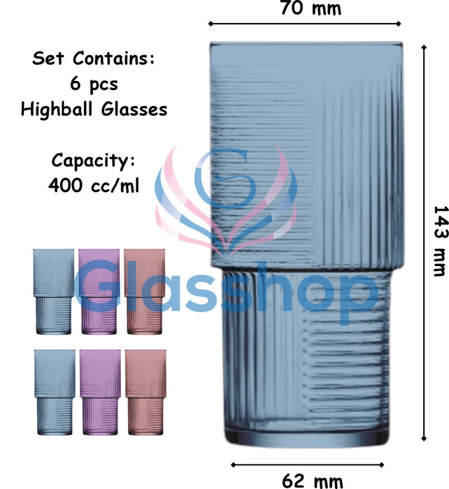 Glasshop 6-Pack Coloured Highball Glasses. 400ml Striped Glass Set for Cocktails.