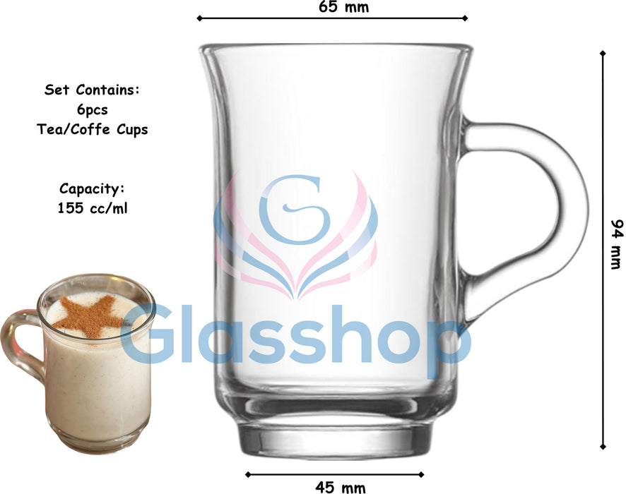 Glasshop 6-Pack Glass Tea Cups with Handles – 155ml Glass Mugs. Hot Drinks Cup.