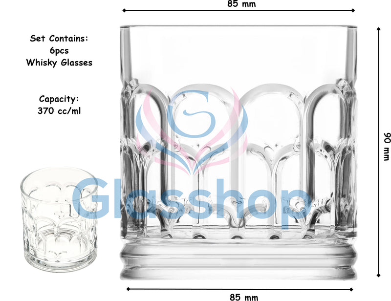 Glasshop 6-Pack Whisky & Cocktail Glasses – 370ml Tumblers with Geometric Design.