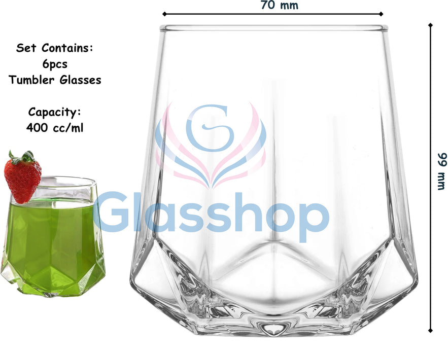 Glasshop 6-Pack Whisky Tumbler Set. 400ml Elegant Diamond-Cut Drinking Glasses.