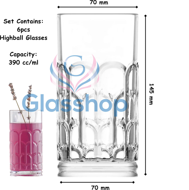 Glasshop 6-Pack Highball Glasses. 390ml Tall Cocktail Glass Set. Dishwasher Safe.