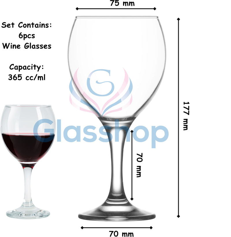 Glasshop 6pcs Classic Wine Glasses. 365ml Large & Clear Stemware for Wine Glass.