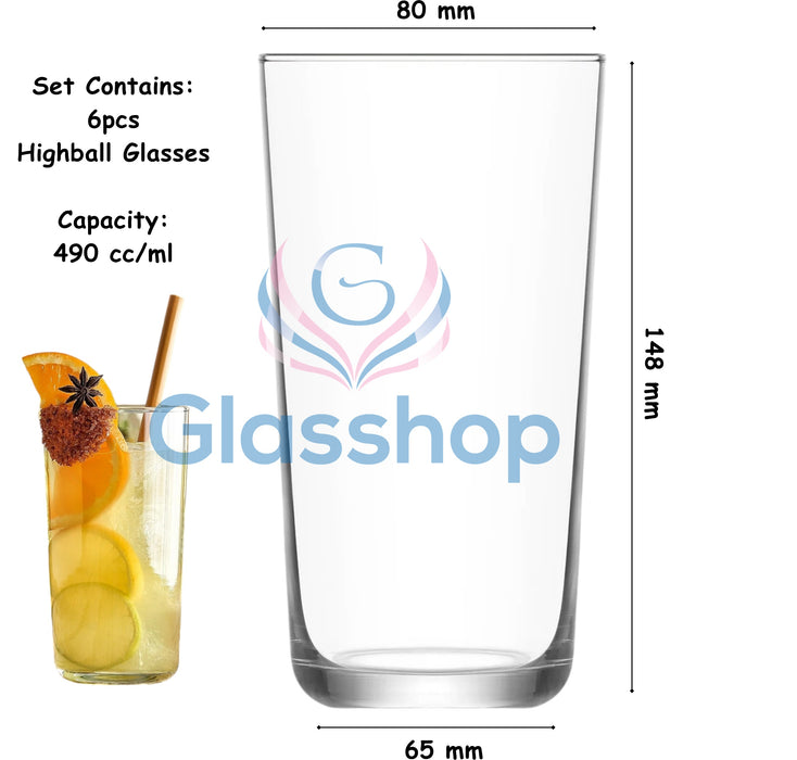 Glasshop 6pcs Highball Glasses Set. 490ml Tall Drinking Glasses for Cocktails.