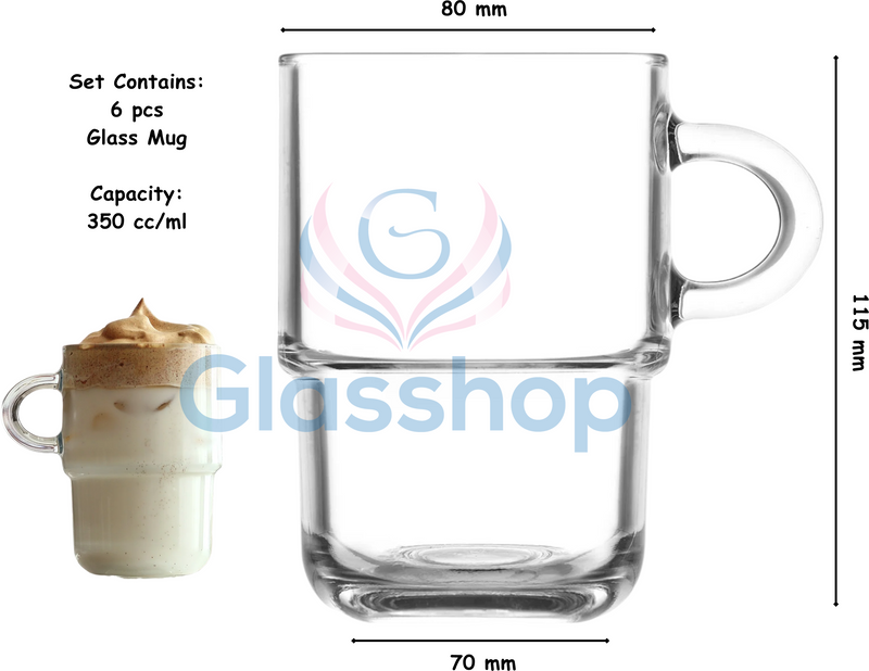 Glasshop 6-Pack Glass Mugs. 350ml. Clear Stackable Cups with Handles.