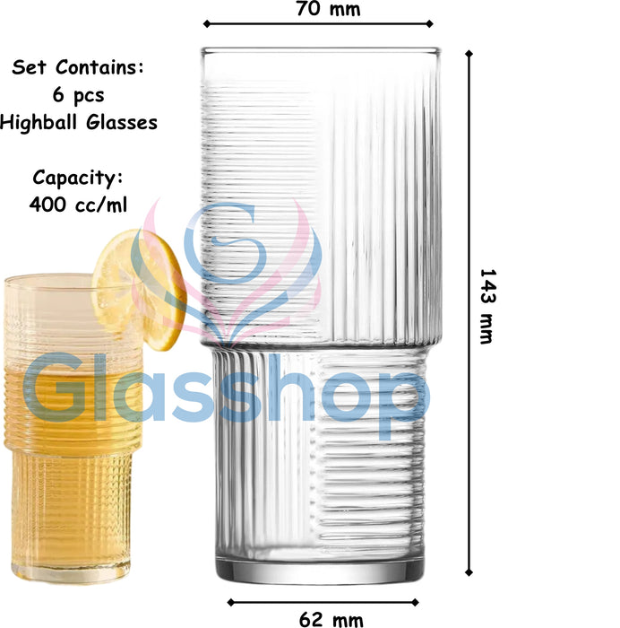 Glasshop Highball Cocktail Glasses. 6-Pack, 400ml Stackable Striped Glass Set.