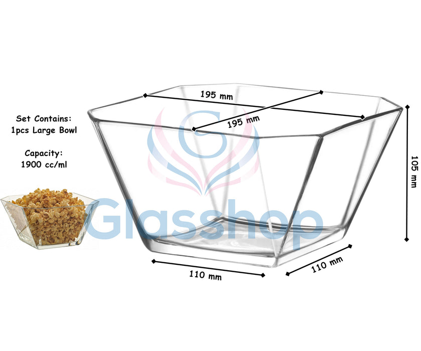 Glasshop Large 1900ml Square Glass Serving Bowl. Durable & Clear Design Bowl.