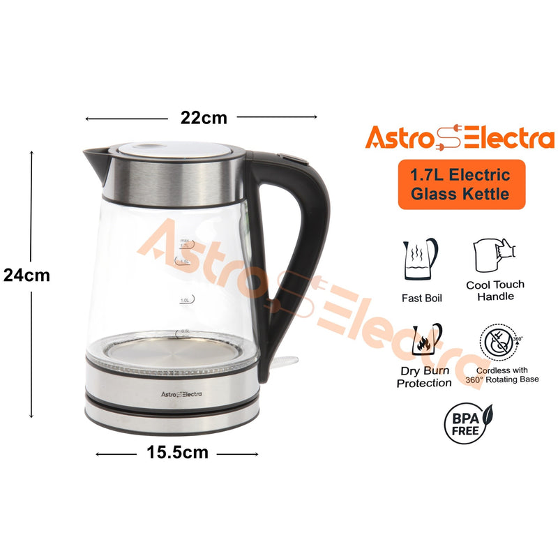 Astro Electra 1.7L Electric Glass Kettle – 2200W Fast Boil, Strix Controller, Cool-Touch Handle, Blue LED, BPA-Free Pour Spout, and 360° Rotating Base