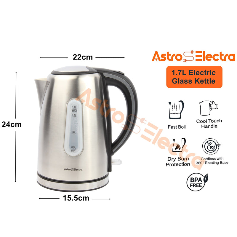 Astro Electra 1.7L Electric Kettle – 2200W Fast Boil, Stainless Steel, Cordless with 360° Rotating Base, Strix Controller, Cool-Touch Handle, BPA-Free, Auto Shut-Off