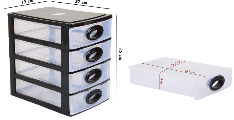 4 Tier Drawer Storage Unit. Transparent Desktop Drawer.