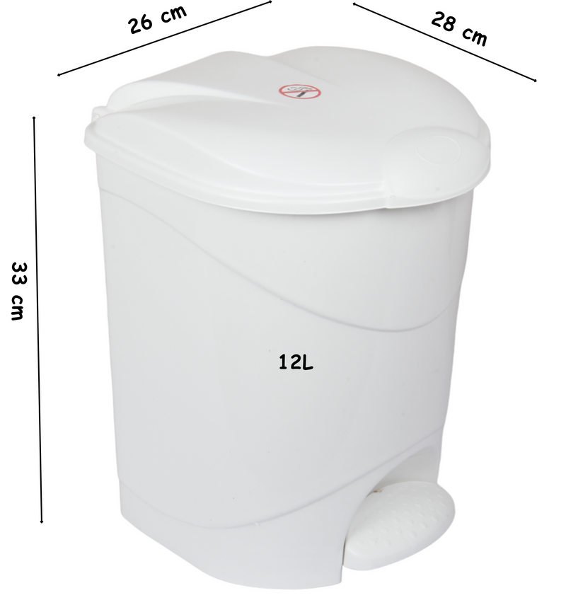 12L Round Kitchen Pedal Bin with Inner Bucket. Foot Operate Waste Bin. (White)