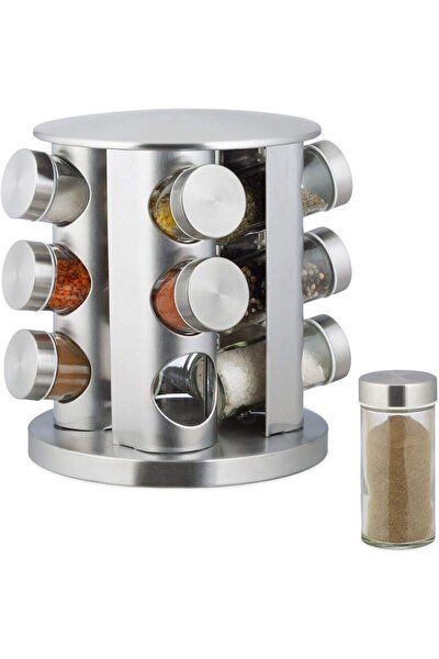 Rotating Spice Rack. 12 Glass Spice Jar. Stainless Steel. Revolving Free Stand.