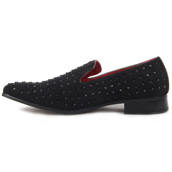 Studded Shoes Rhinestones Faux Suede Loafers - Baldoria (Suede Black).