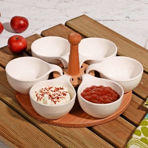 Ceramic Snack Dip Serving Bowl Set. Wooden Base Appetizers Dishes. (6 pcs)