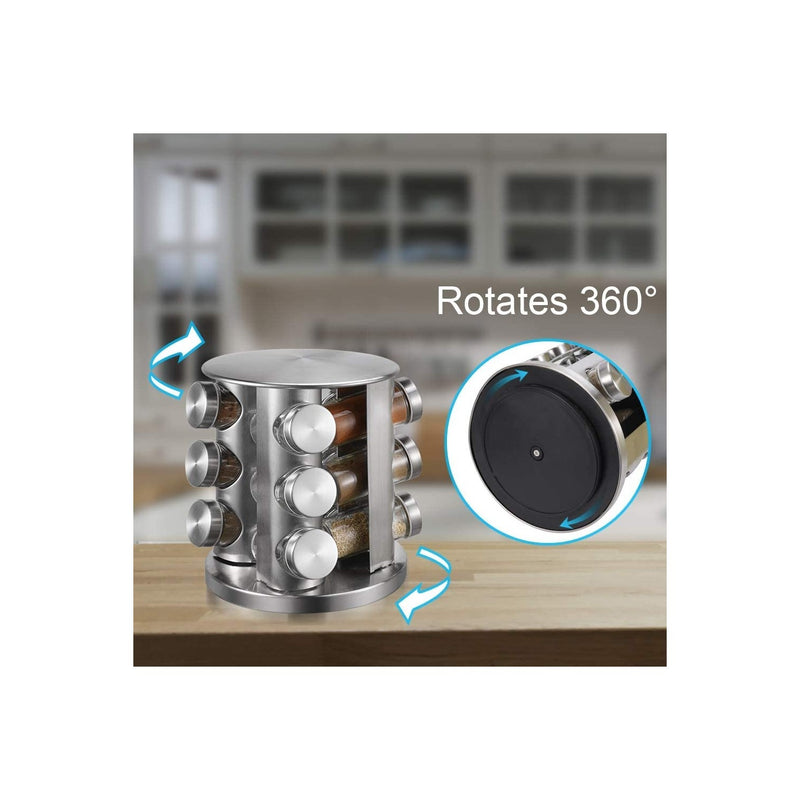 Rotating Spice Rack. 12 Glass Spice Jar. Stainless Steel. Revolving Free Stand.