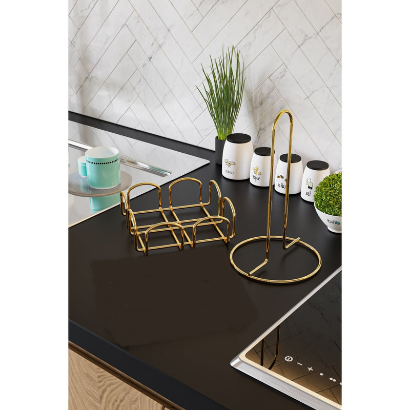 Kitchen Towel Holder and Square Napkin Holder Set. Stainless Steel. (Gold)