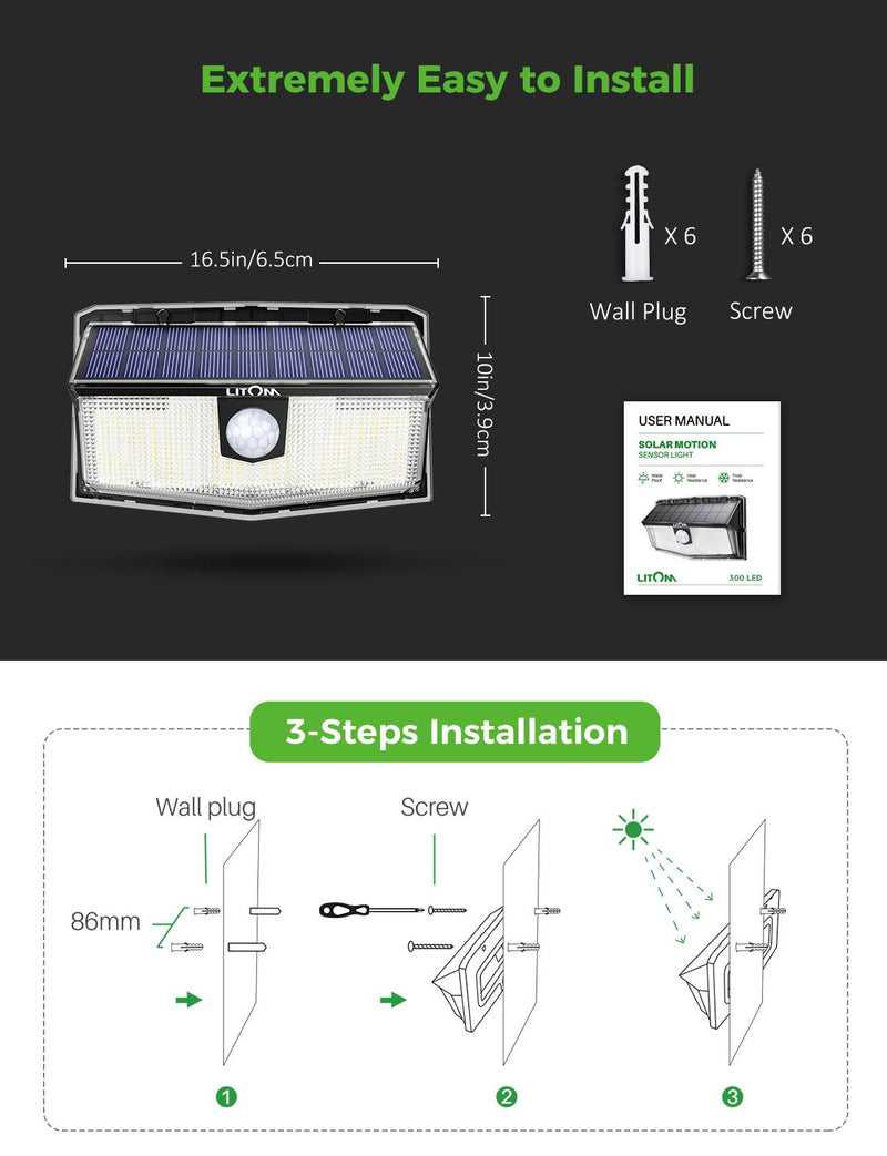 4x 300 LED Solar Power. Wall Light Motion Sensor. Outdoor Garden Lamps.