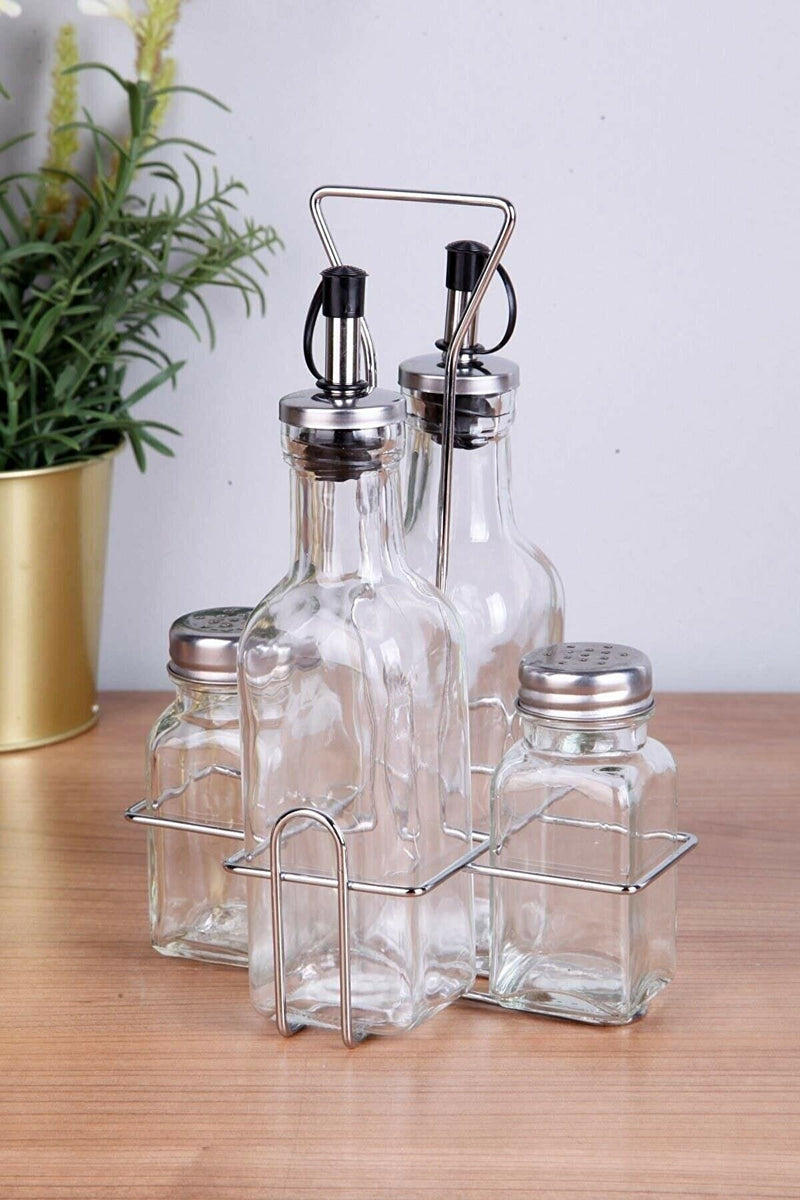 4 Piece Condiment Set. Salt, Pepper, Oil & Vinegar. Glass Cruet Set.