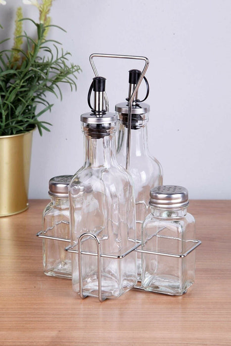 Seasoning Bottle Set Condiment Holder Seasoning Rack Four-in-One Oil  Vinegar Dispensers Salt Pepper Shakers Glass Cruet Set with Convenient  Caddy