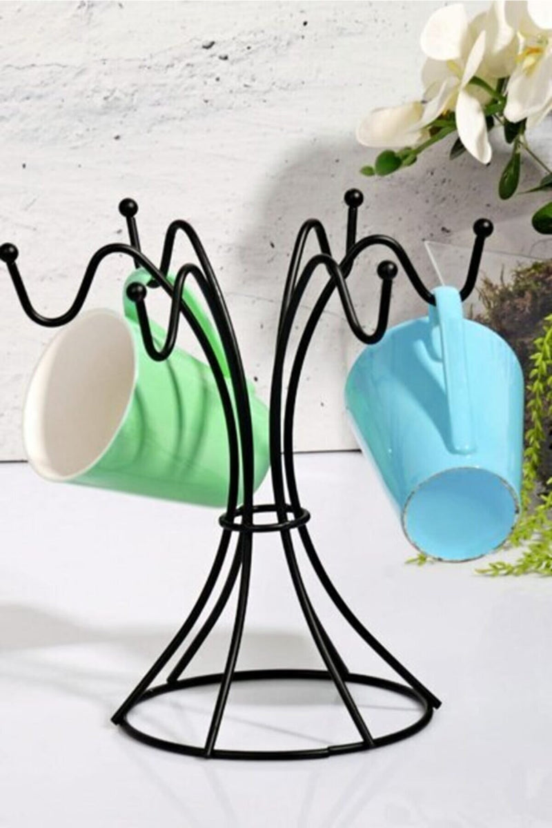 Mug Tree Holder. Cup Holder Stand. 6 Hooks. Black Metal Coffee Mug Stand.