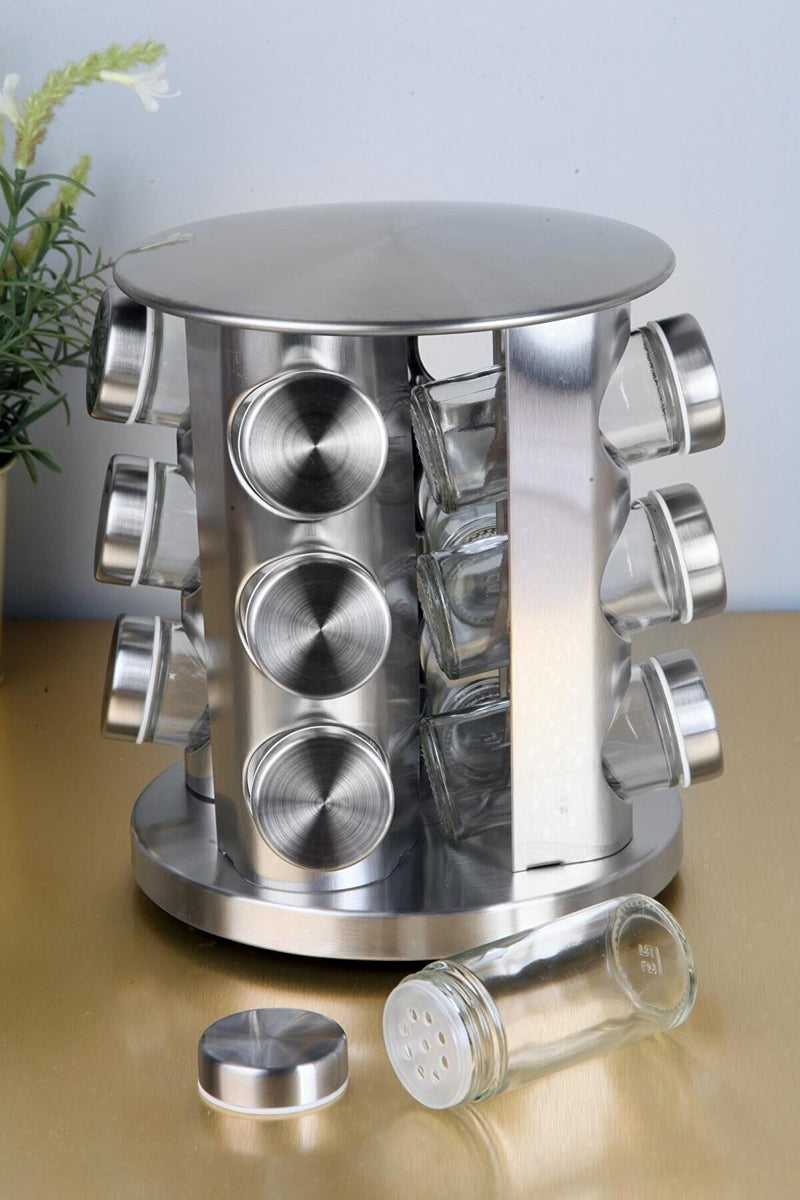 Rotating Spice Rack. 12 Glass Spice Jar. Stainless Steel. Revolving Free Stand.