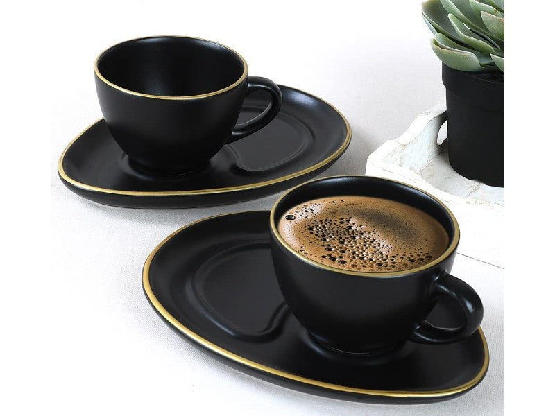 Coffee Cup & Snack Plate Set. Stoneware Matte Cups & Saucer. (Black) (Set of 2)