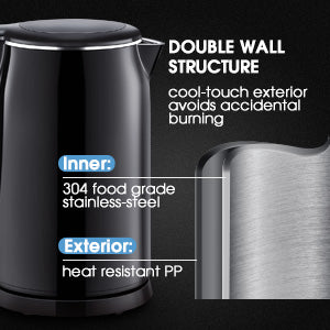 Black Electric Kettle. Cordless Double Wall Stainless Steel Kettle. (1.5L) (2000W)