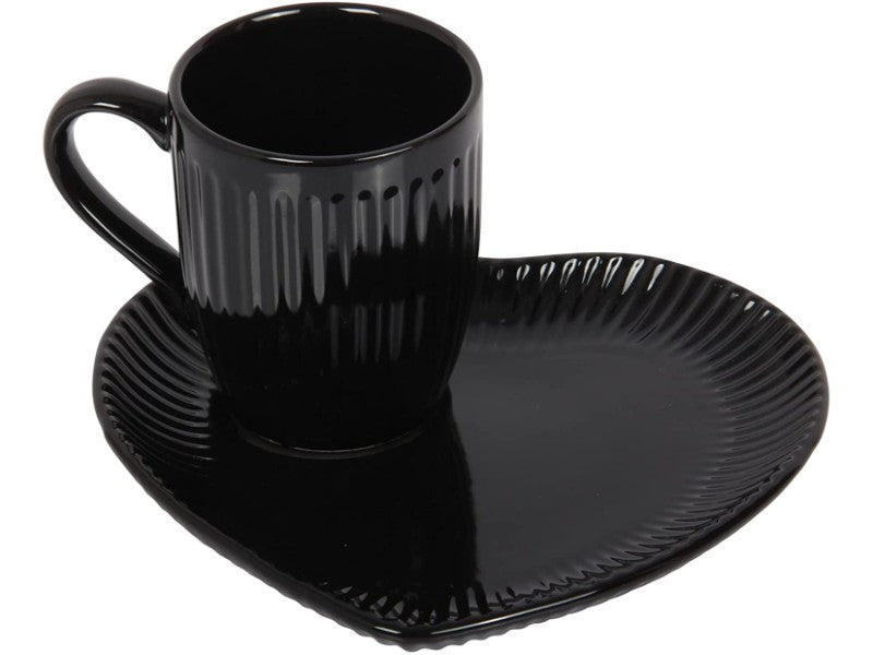 Coffee Cup & Snack Plate Set. Lined Cups. Heart Shaped Plate. Stoneware. (Black)