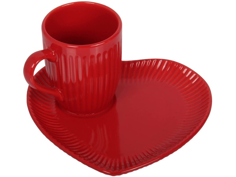 Coffee Cup & Snack Plate Set. Lined Cups. Heart Shaped Plate. Stoneware. (Red)