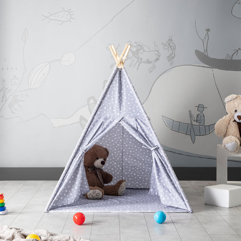 Kids Teepee Play Tent with Floor Mat. Portable & Wooden Wigwam Playhouse.