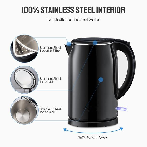 Black Electric Kettle. Cordless Double Wall Stainless Steel Kettle. (1.5L) (2000W)