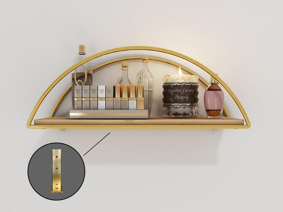 Decorative Mounted Wall Shelf. Ellipse Shape Unit Rack. (Single) (Gold Metal & Solid Wood)