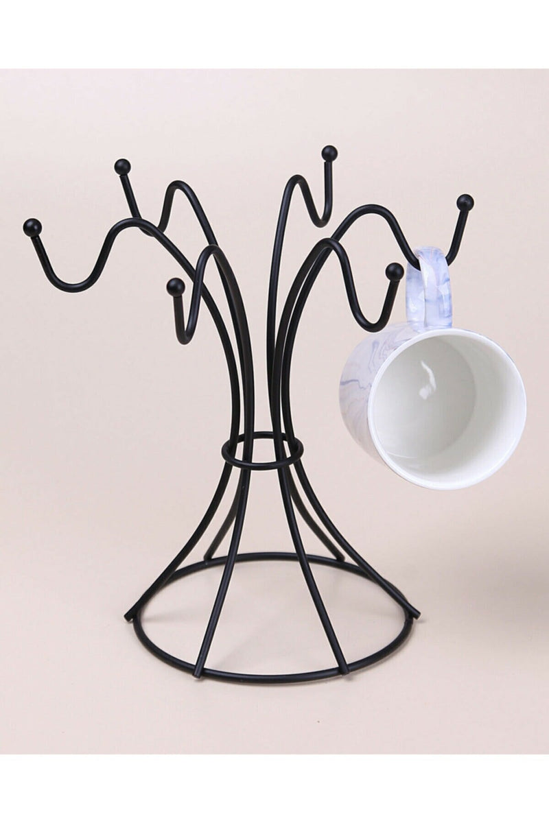 Mug Tree Holder. Cup Holder Stand. 6 Hooks. Black Metal Coffee Mug Stand.