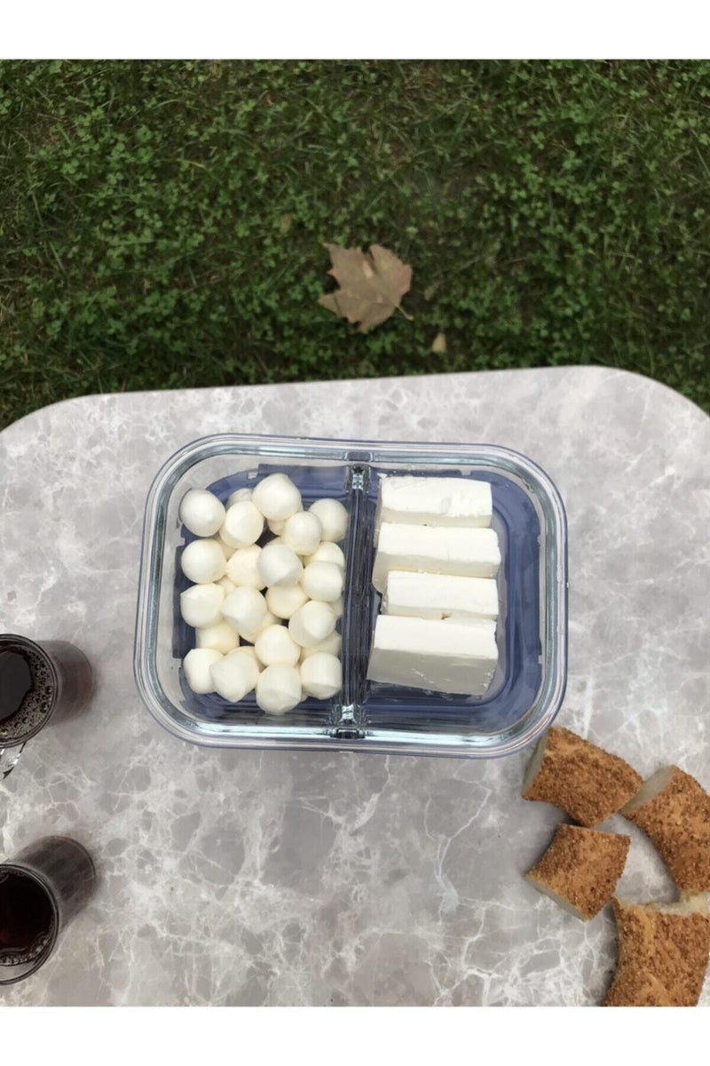 2 Compartment Glass Food Storage Containers with Lid. Blue. (Set of 4) (630 ml)