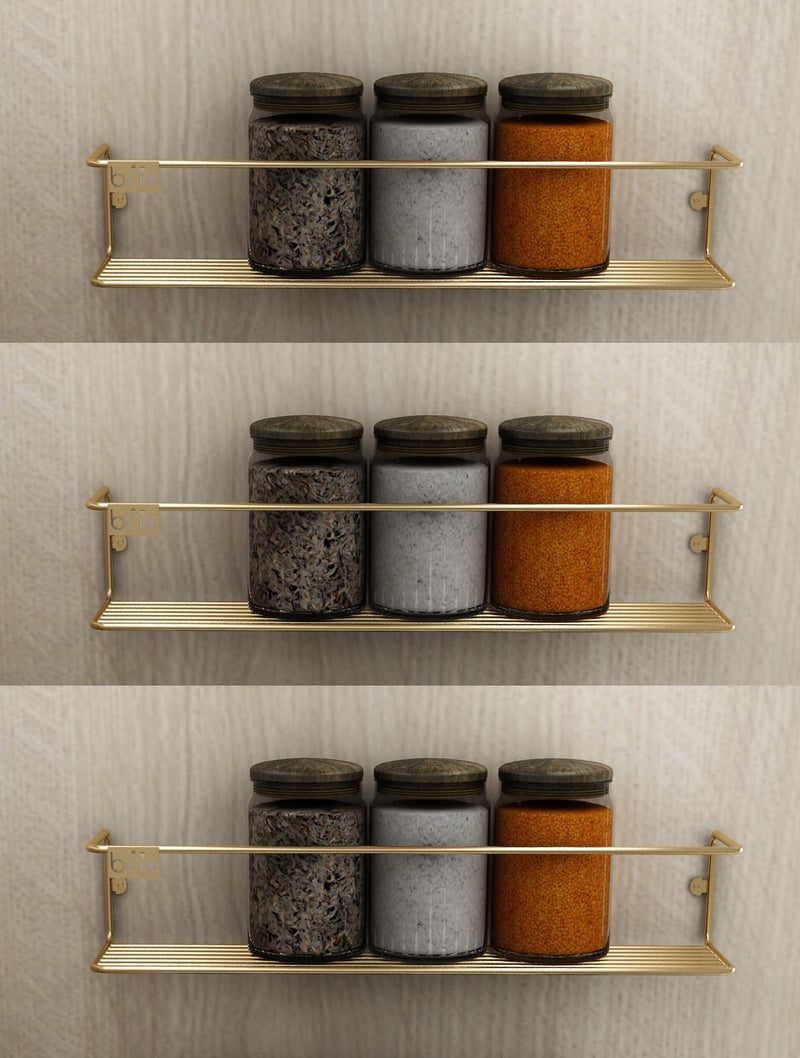 Kitchen Wall Mounted Jar Holder. Bathroom Makeup Storage Organizer. (Pack of 3) (Gold) (33 cm)