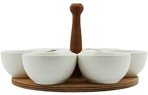 Ceramic Snack Dip Serving Bowl Set. Wooden Base Appetizers Dishes. (6 pcs)