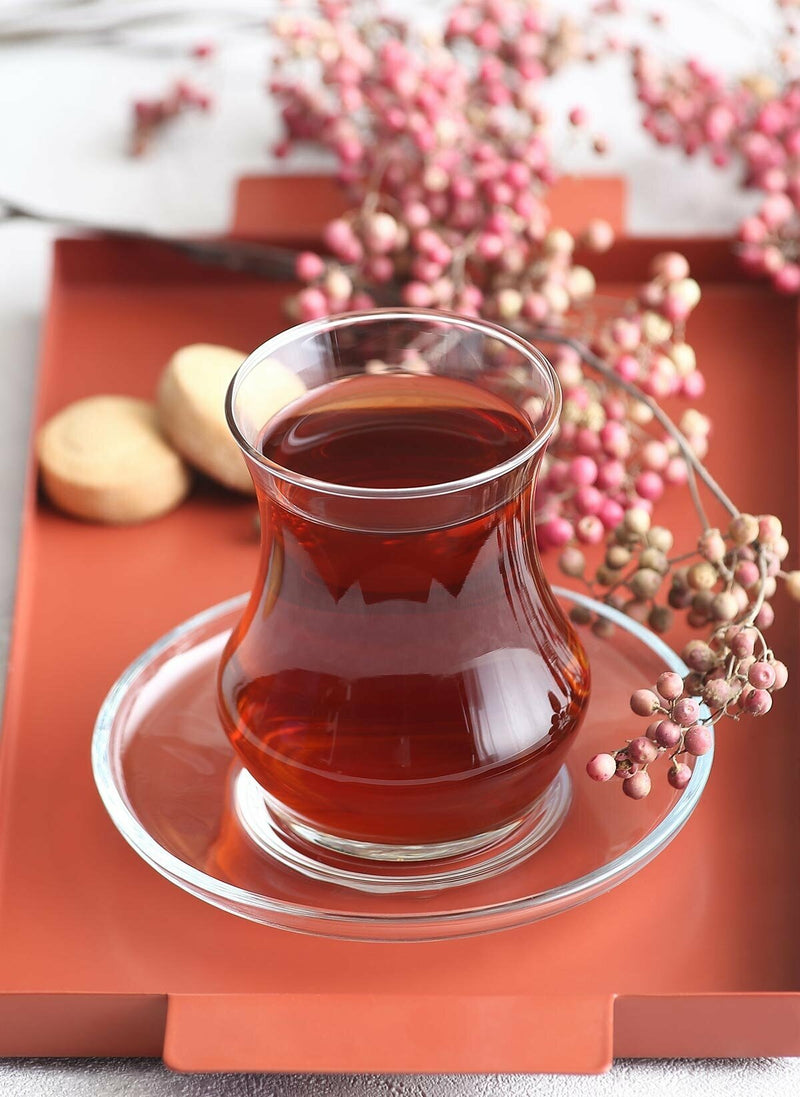Turkish Tea Glasses & Saucers. Contemporary Glass Teacup and Saucer Set. 12 Pieces (6 Glasses & 6 Saucers)